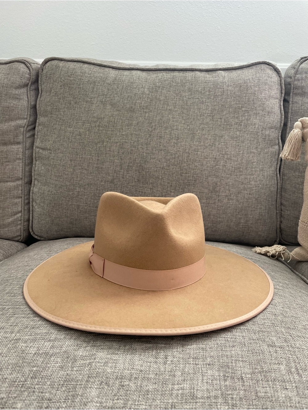Lack Of Color tan wide brim wool fedora with blush band